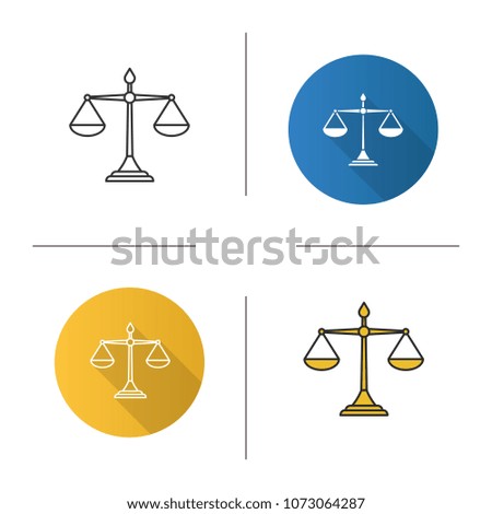 Justice scales icon. Flat design, linear and color styles. Isolated raster illustrations