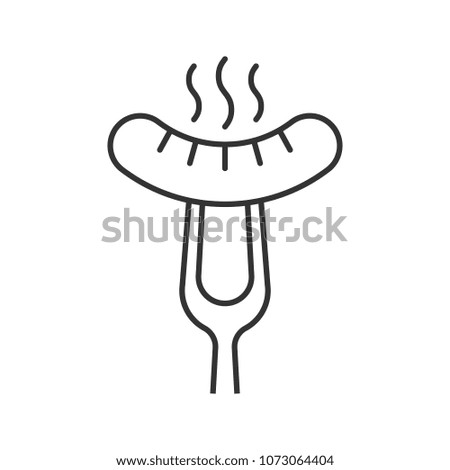 Grilled sausage on fork linear icon. Thin line illustration. Bratwurst. Raster isolated drawing
