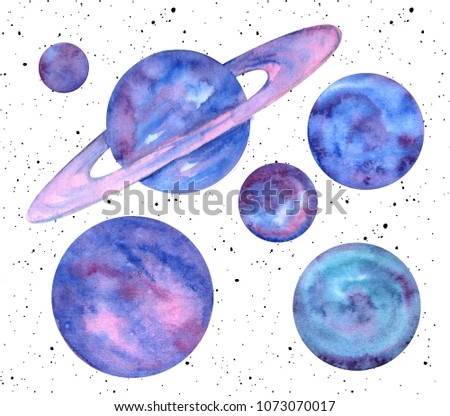 Handdrawn watercolor set of planets isolated on white background with stars. Saturn with rings. Aquarelle circle. Watercolor paper texture