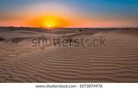 Desert sunset exposure near Dubai, United Arab Emirates. Beautiful exposure done in the desert with its colorful red color over sunset over the sands dunes.