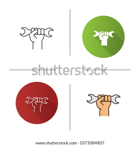 Hand holding wrench icon. Flat design, linear and color styles. Double open ended spanner. Isolated raster illustrations