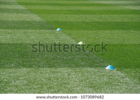 Cones in football field. Coath arranged colorful markers in trainning grassfield of football stadium