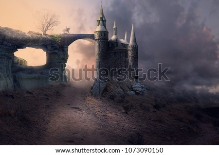 fantasy ancient castle with horse rider on a bridge