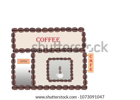 Creative picture of coffee house made from coffee beans. Schematic. Concept
