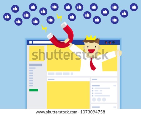 Illustration vector flat of social media website layout or frame or web page as concept and expert advertising agency holding magnet attract icon from audience. Royalty-Free Stock Photo #1073094758