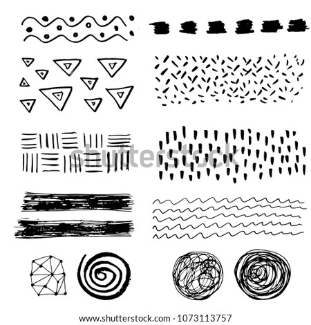 Set of hand drawn grungy texture elements with different shape: lines, circles, waves, spirals, brush strokes. Vector illustration painting by brush-pen for your background, banner, pattern design. 