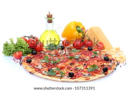 delicious pizza and vegetables isolated on white
