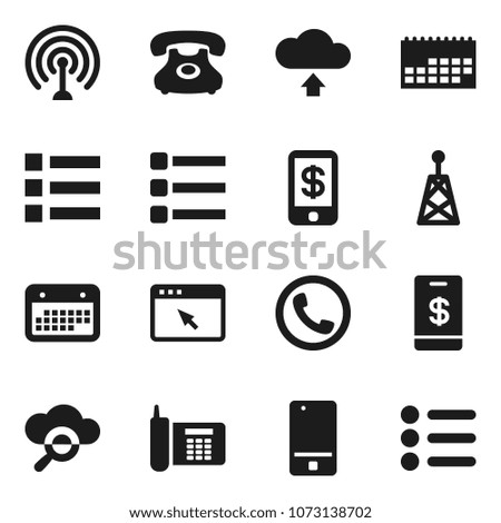 Flat vector icon set - phone vector, calendar, antenna, mobile, cloud glass, browser, menu, upload, tap pay
