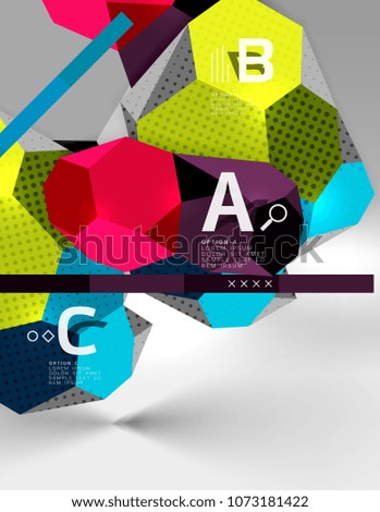 3d hexagon geometric composition, geometric digital abstract background. Techno or business presentation template with sample options. Vector illustration