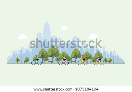 Men and women riding bicycles in the park. Vector Illustration of a flat design. Vector illustration.