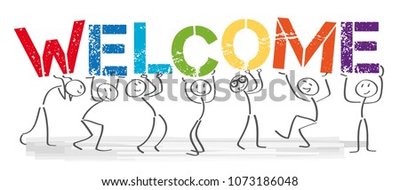 Stick figures holding the word welcome. Vector banner with the text welcome Royalty-Free Stock Photo #1073186048