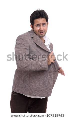 Indian young businessman with expression on white background.