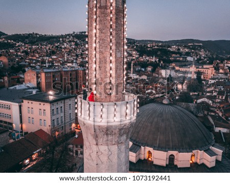 Aerial photos of the Sarajevo, capital of Bosnia and Herzegovina. Photos are made during golden hour. In the shift of  day and night.