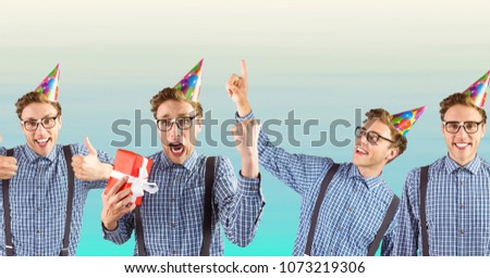 Collage of man celebrating birthday against blurry blue background