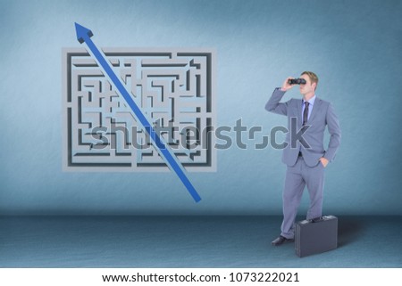 Man looking through binoculars against blue background with a maze