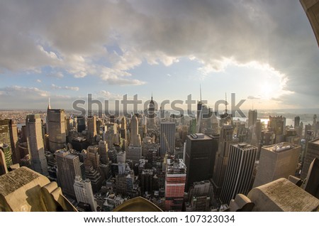 Panoramic fisheye view of Manhattan Skyline, New York City Aerial View - U.S.A.
