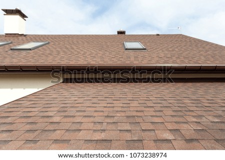 Roofing construction and building new house with modular chimney, skylights, attic, dormers and eaves