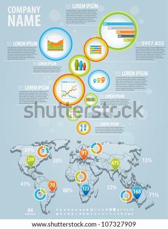 Infographics master collection: graphs, histograms, arrows, chart, 3D map, icons and a lot of related design elements in flyer bubbles. Easy to edit country