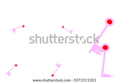 Many Light Pink and Red Keys of Different Size on White Background
