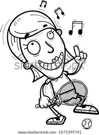 A cartoon illustration of a woman tennis player dancing.
