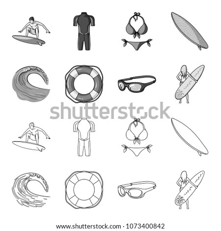 Oncoming wave, life ring, goggles, girl surfing. Surfing set collection icons in outline,monochrome style vector symbol stock illustration web.