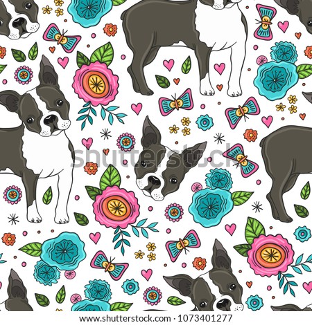 Boston terrier and beautiful flowers vector seamless pattern.