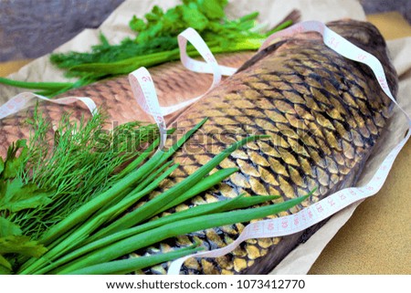 Two carp and spicy herbs with a green onion on the table. Fresh fish, only from the river. The concept of dietary and vegetarian food.