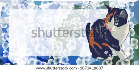 Horizontal banner with white empty space for text or photo and cute cat. Raster clip art.
