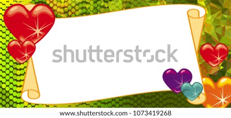 Horizontal banner with color background, blank paper scroll and sparkling hearts. Copy space. Raster clip art.
