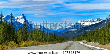 The road 93 beautiful "Icefield Parkway" in Autumn Jasper National park,Canada Royalty-Free Stock Photo #1073481791