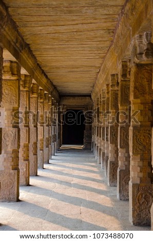 Carved pillars of Airavatesvara Temple, Darasuram, near Kumbakonam, Tamil Nadu. Hindu Shiva temple of Tamil architecture, built by Rajaraja Chola II in the 12th century CE. UNESCO World Heritage Site.