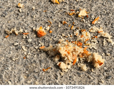 Spilled rice. Abandoned food on the road. Spoiled plov