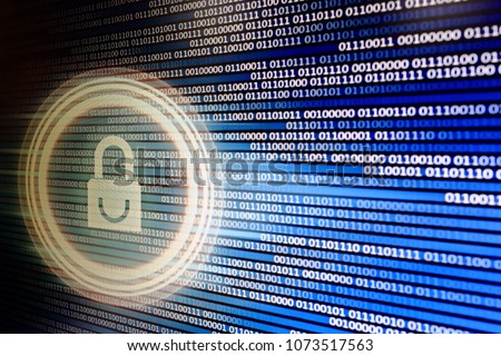 padlock icon on LED computer display screen with binary code moving in the background. password and data privacy protection in internet data transfer concepts. cyber network security blue color.