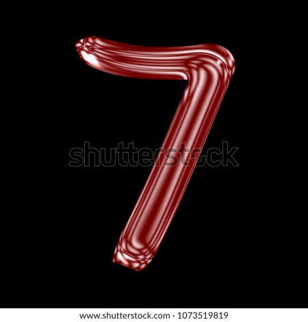 Shiny red glass number seven 7 in a 3D illustration with a shining glossy plastic or glass reflective effect and handwritten font type on a black background with clipping path