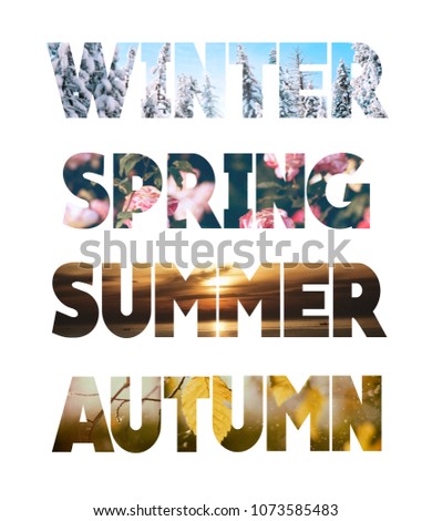 Word winter, summer, spring and autumn combined with natural background pictures representing each season. Inscription in capital letters, retro text set. Double exposure, isolated on white