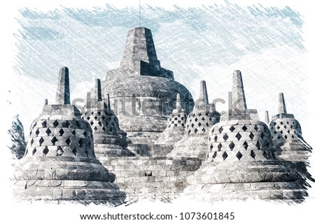 sketch effect picture of Heritage Buddist temple Borobudur complex in Yogjakarta in Java, indonesia
