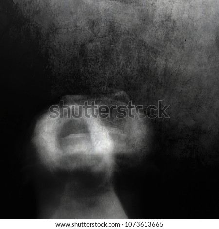 Scream of horror. Screaming woman face. Surreal portrait of a mysterious young woman. Black and white photo. Shot with long exposure. Royalty-Free Stock Photo #1073613665