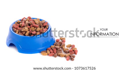 Food for dogs and cats in a blue bowl pattern on a white background isolation