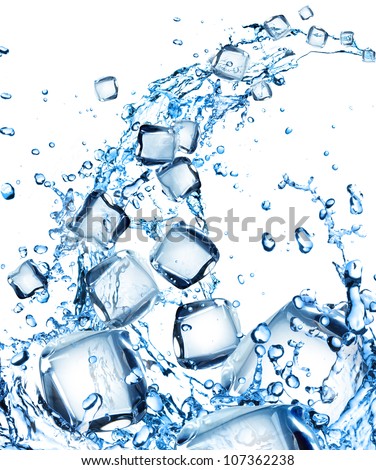 Water splash with ice cubes Royalty-Free Stock Photo #107362238