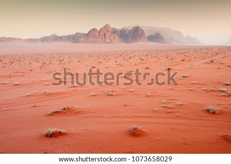 hot sunset in desert Wadi Rum in Jordan