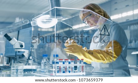 Senior Female Epidemiologist Works with Samples in Isolation Glove Box. She's in a Modern, Busy Laboratory Equipped with State of the Art Technology. Royalty-Free Stock Photo #1073659379