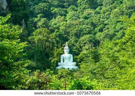 White Buddha Image on hill surrounded by trees,Thailand