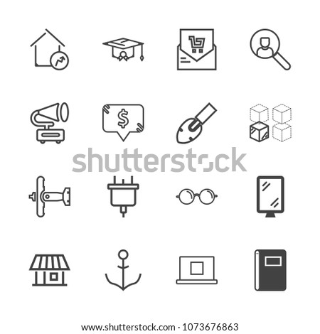 Premium outline set of icons containing supermarket, glasses, electric, optical, page, aircraft, house, college, plug. Simple, modern flat vector illustration for mobile app, website or desktop app