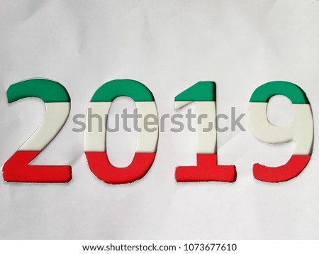 number 2019 with foamy in colors red, white and green with white background
