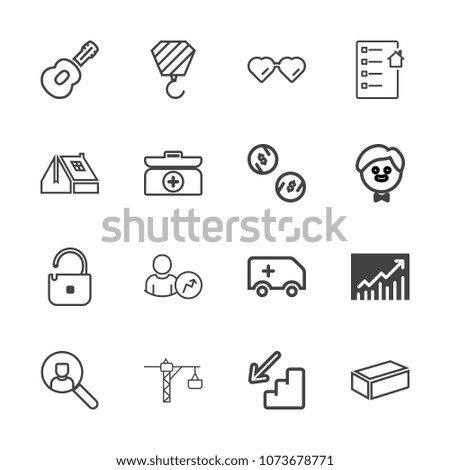 Premium outline set of icons containing construction, music, computer, internet, web, business, down, account, rescue. Simple, modern flat vector illustration for mobile app, website or desktop app