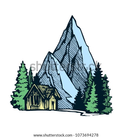 Mountains with house hand drawn line art ink sketch vector illustration
