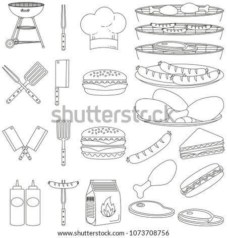 Line art black white bbq outdoors 23 element set. Food themed illustration for gift card certificate sticker, badge, sign, stamp, logo, label, icon, poster, patch
