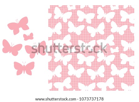 Butterfly silhouette. Pink seamless pattern mesh texture. Vector illustration isolated on a pink trend color background.