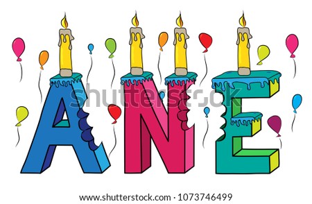 Ane female first name bitten colorful 3d lettering birthday cake with candles and balloons.