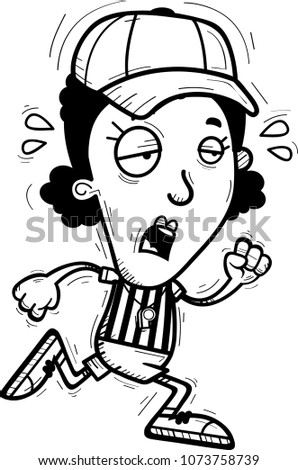 A cartoon illustration of a black woman referee running and looking exhausted.